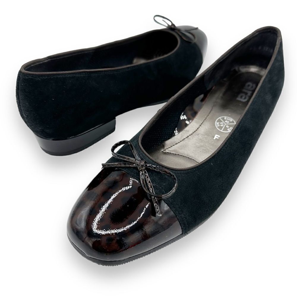 ARA Women's Bow Ballet Flat Black Suede Tortoiseshell Patent Toe Cap Sz‎ 9M